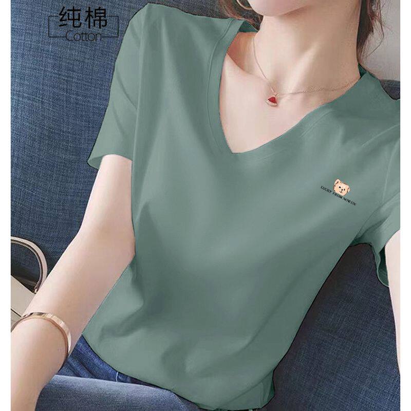 纯棉短袖t恤女夏季新款韩版印花显瘦休闲时尚百搭V领洋气简约上衣