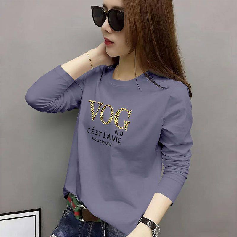 100%纯棉时尚长袖T恤女秋冬新款高级ins宽松韩版简约潮流印花上衣