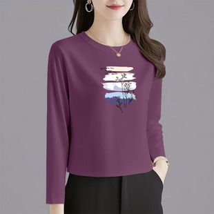 印花遮肉韩版 100%纯棉韩版 时尚 T恤女秋冬新款 简约上衣女ins 长袖