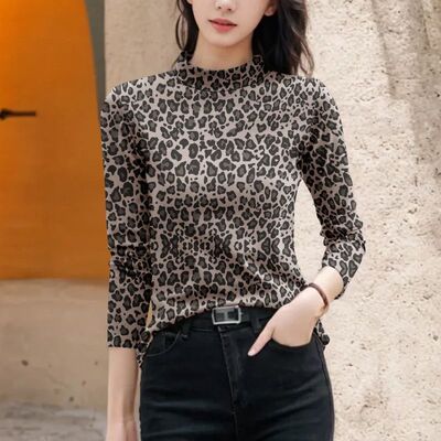 大码豹纹长袖休闲设计感内搭吸汗