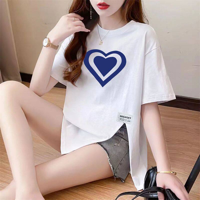 100%纯棉开叉t恤女装短袖韩版可爱宽松显瘦遮肚子上衣服潮流体恤