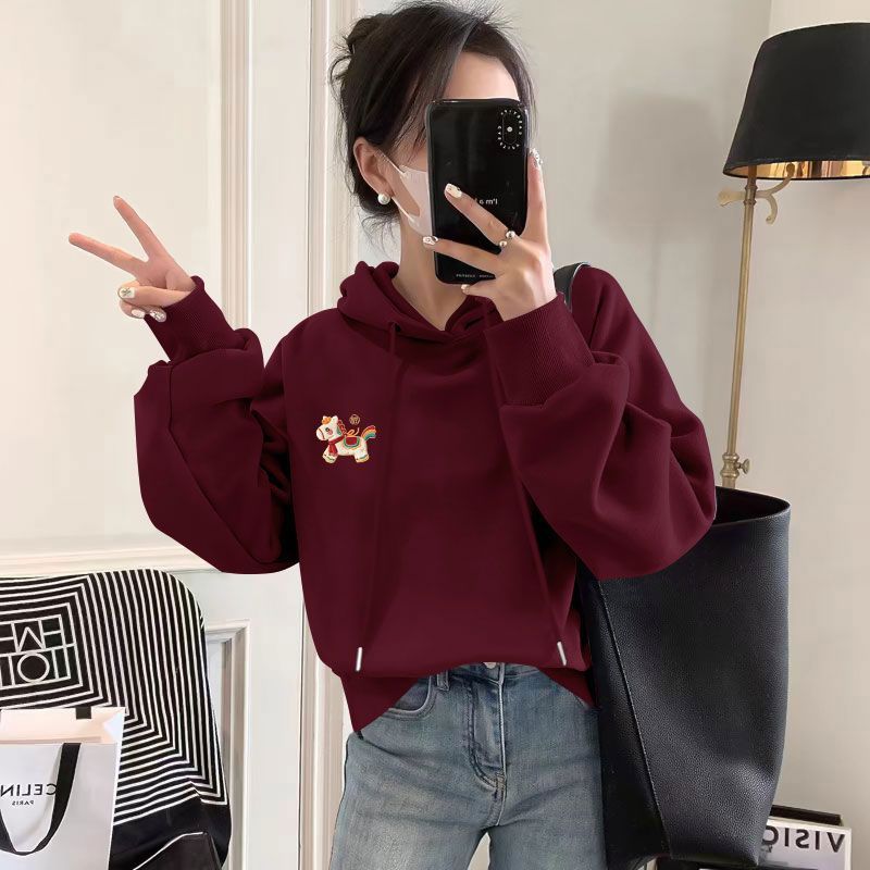 马年纯棉连帽印花卫衣女本命年
