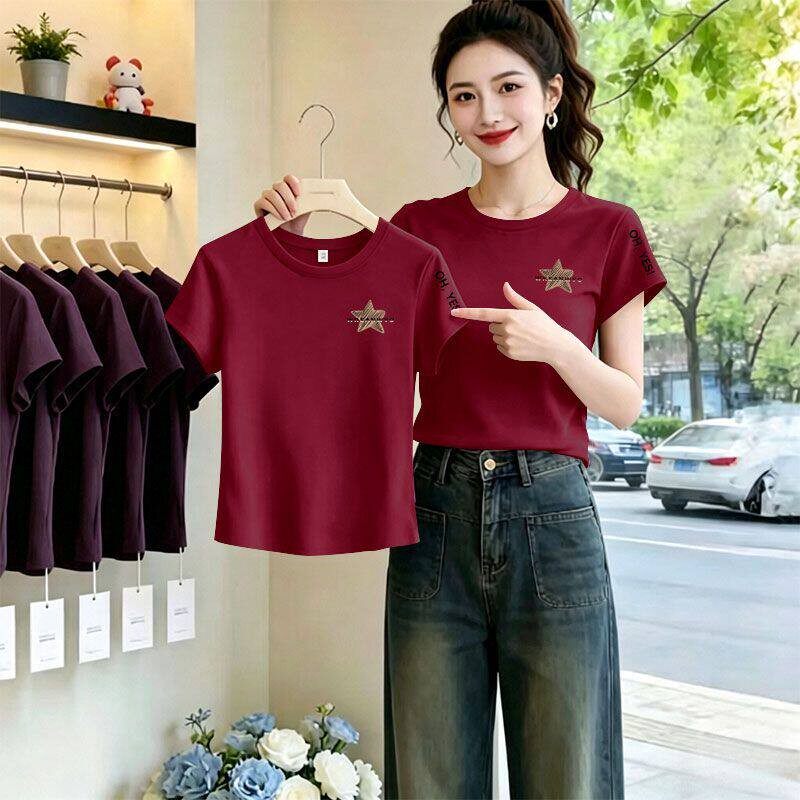 纯棉酒红色短款短袖T恤女夏季