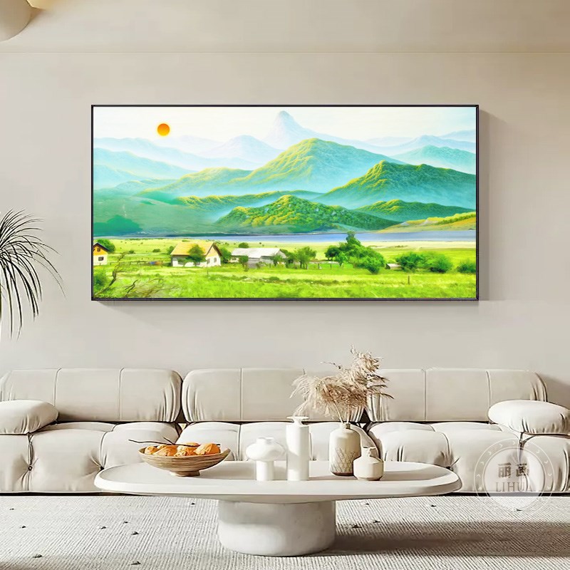 客厅沙发背景墙装饰画聚宝盆风景山水挂画流水生财办公室书房壁画