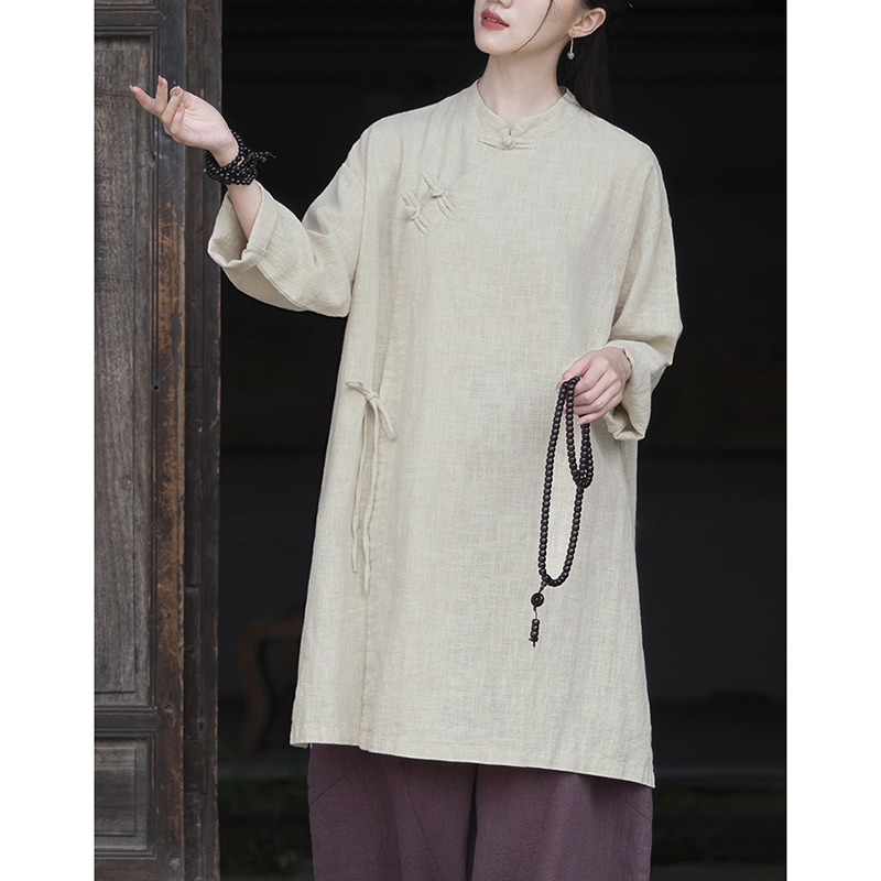 秋冬棉麻女装苎麻砂洗盘扣偏襟侧边系绳复古新中式长袍女式禅茶服