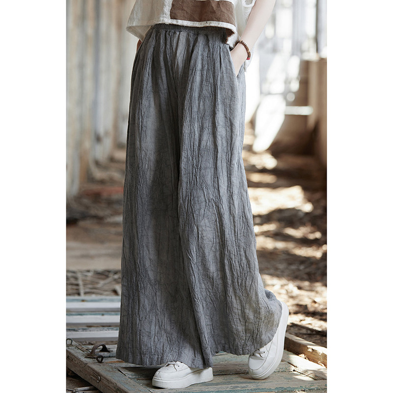 夏季女装新款苎麻薄款扎染褶皱裤子宽松休闲垂感女式阔腿裤长裤,女装/女士精品,休闲裤,淘宝优惠券,粉丝福利购,淘宝优惠卷