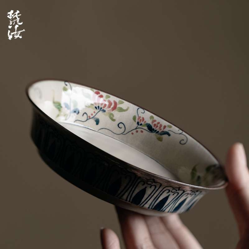 梵汝日式风纯手绘彼岸花斯闻壶承干泡盘茶承茶具配件茶托圆形茶盘