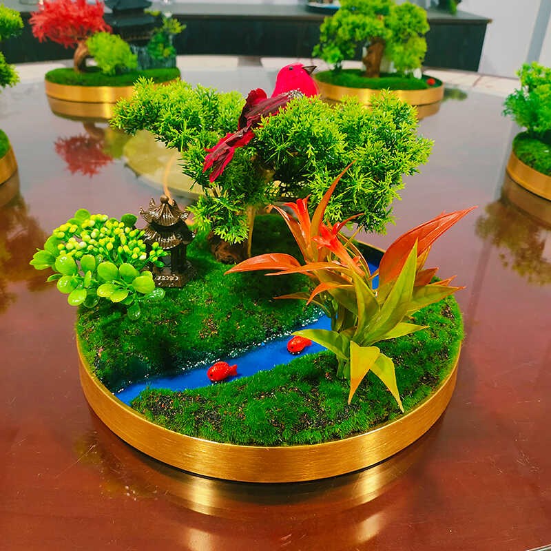 cm小圆桌中间桌面装饰造景桌芯景观迎客松山水画大圆桌摆花