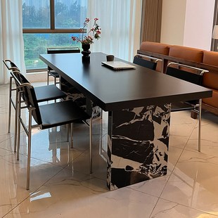 意式 纯黑下挂岩板餐桌椅包豪斯风大户型现代长方形茶书桌