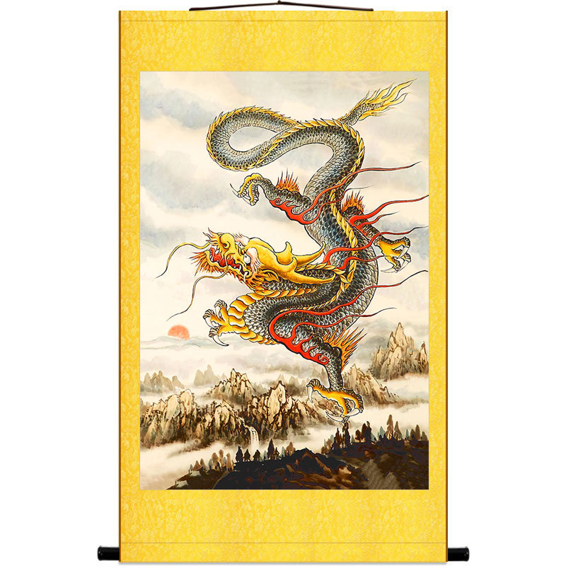 飞龙在天图祥龙动物画 中式复古绢布材质卷轴挂画书房客厅装饰画图片