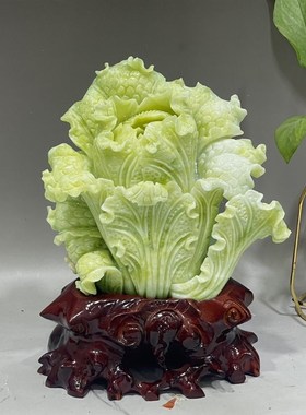 玉石摆件岫玉坐地生财天然原石雕刻招财玉白菜家居装饰博古架摆设