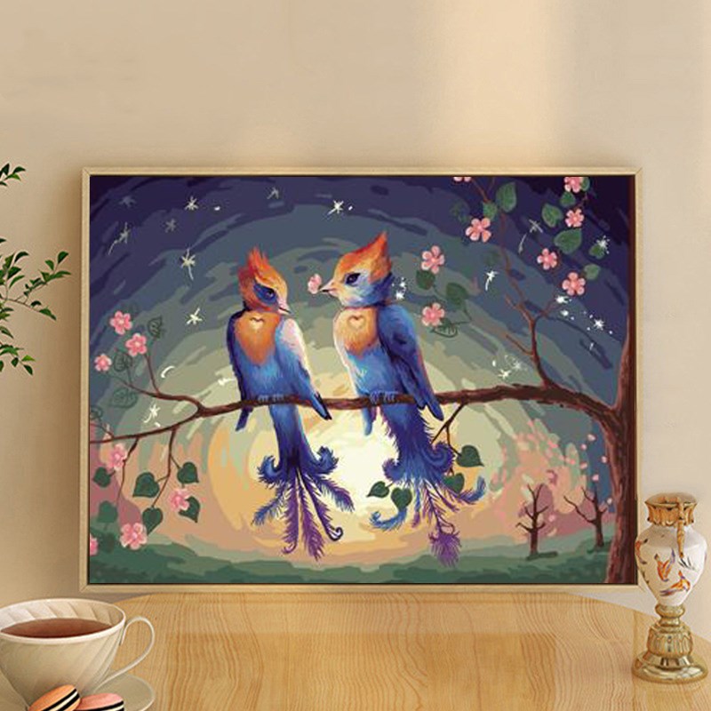 数字油画填充diyn小鸟山雀填充油彩丙烯画手工绘画比翼鸟情侣礼物