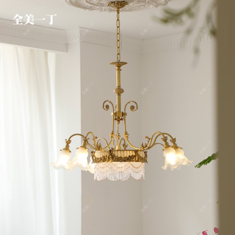 全美一丁法式复古黄铜珠帘玻璃花苞客厅吊灯浪漫中古楼梯复式顶灯