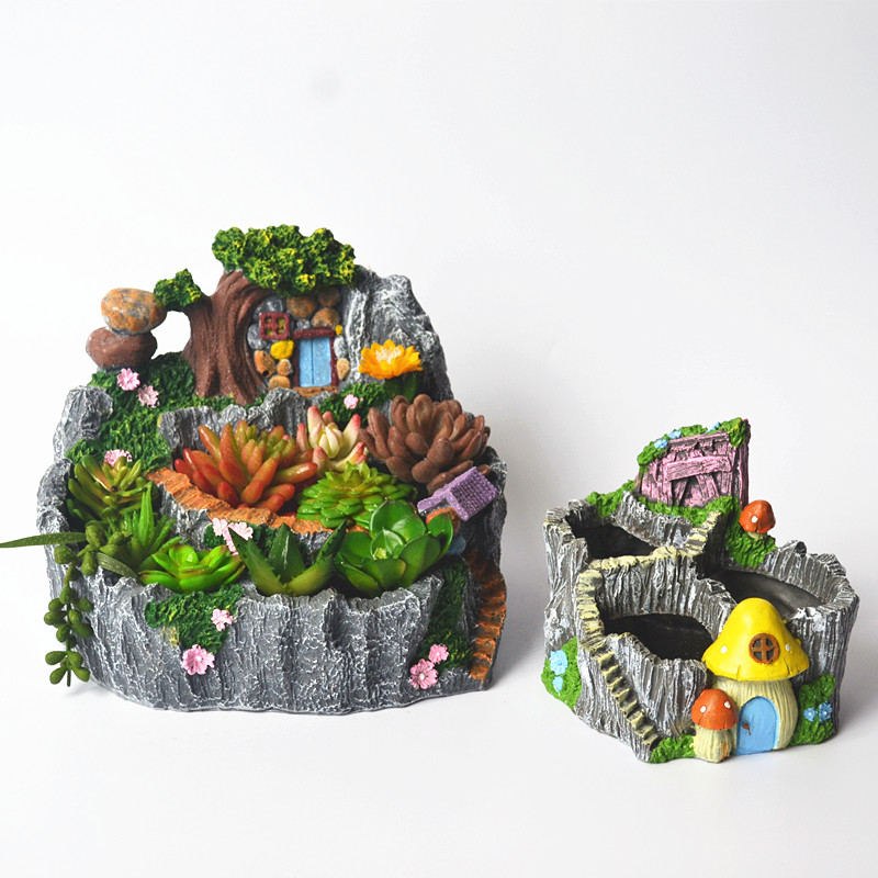 创意树脂多肉花盆大号石头房子微景观多肉绿植拼盘家居摆饰