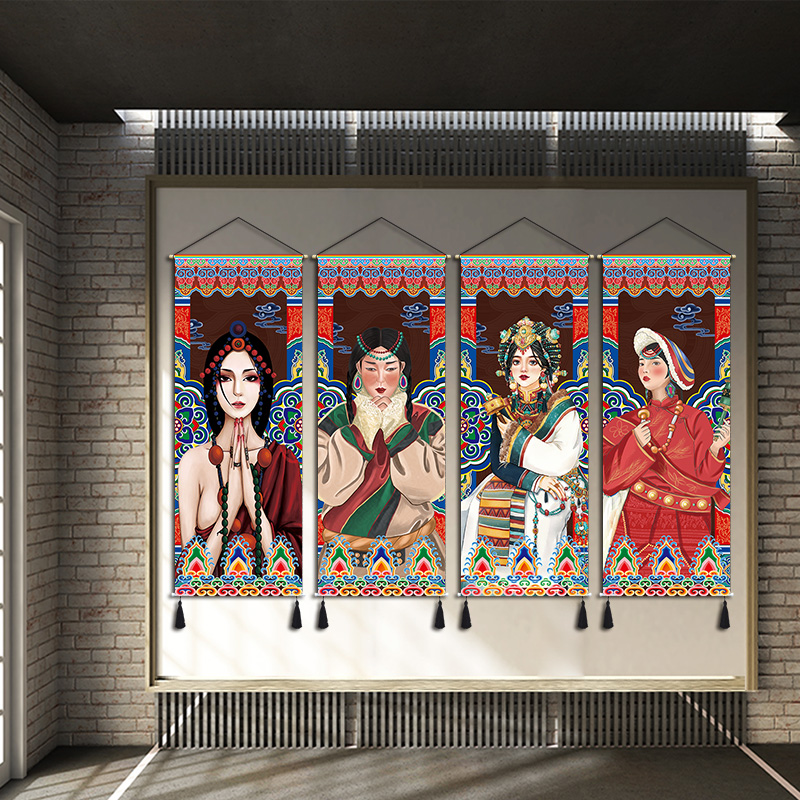 藏式挂画布艺民族挂布西藏布画背景墙装饰画民宿酒店餐厅壁画挂毯图片