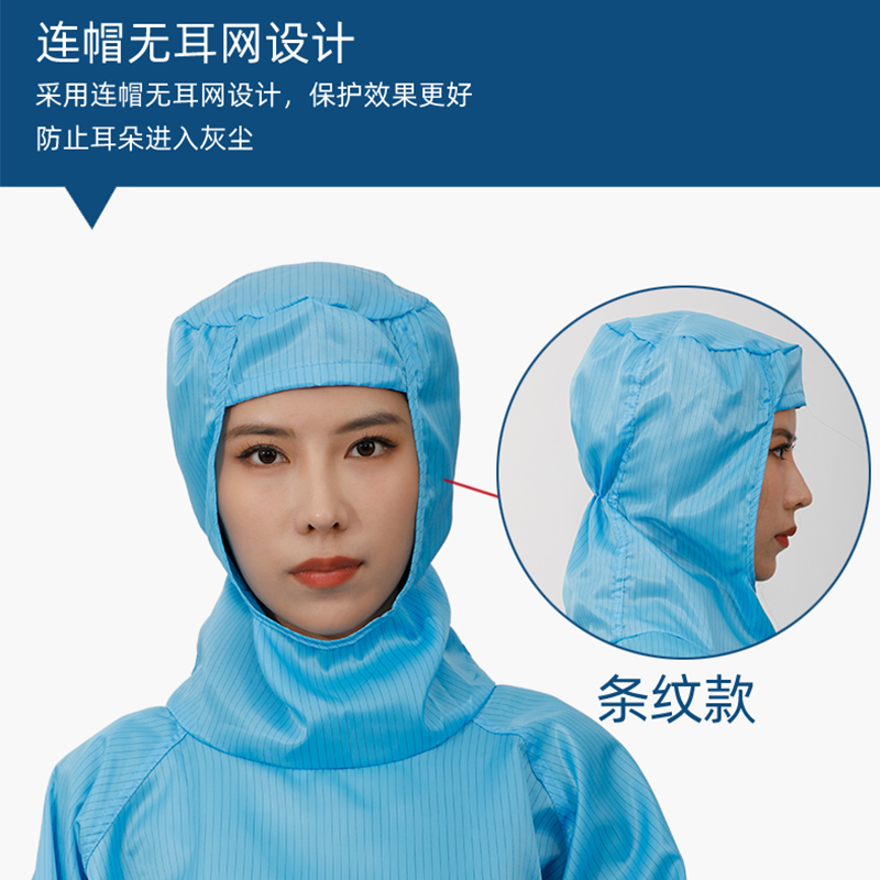 QCFH防静电全身连体连帽胯下拉链蓝色防尘无尘防护喷漆隔离工作服
