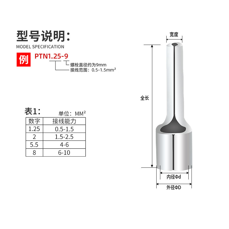 PTN1.-10/2-18/5.5-针型线鼻子铜线耳针形裸端头冷压接线端子