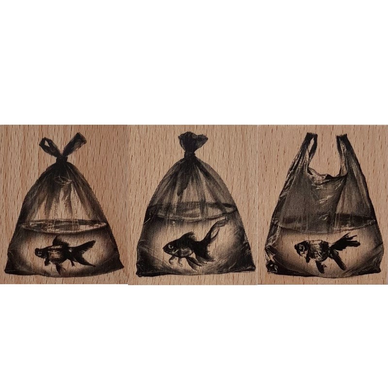 袋子里的鱼 复古印章木质手绘仿真图案印章文创高清金鱼手帐印章