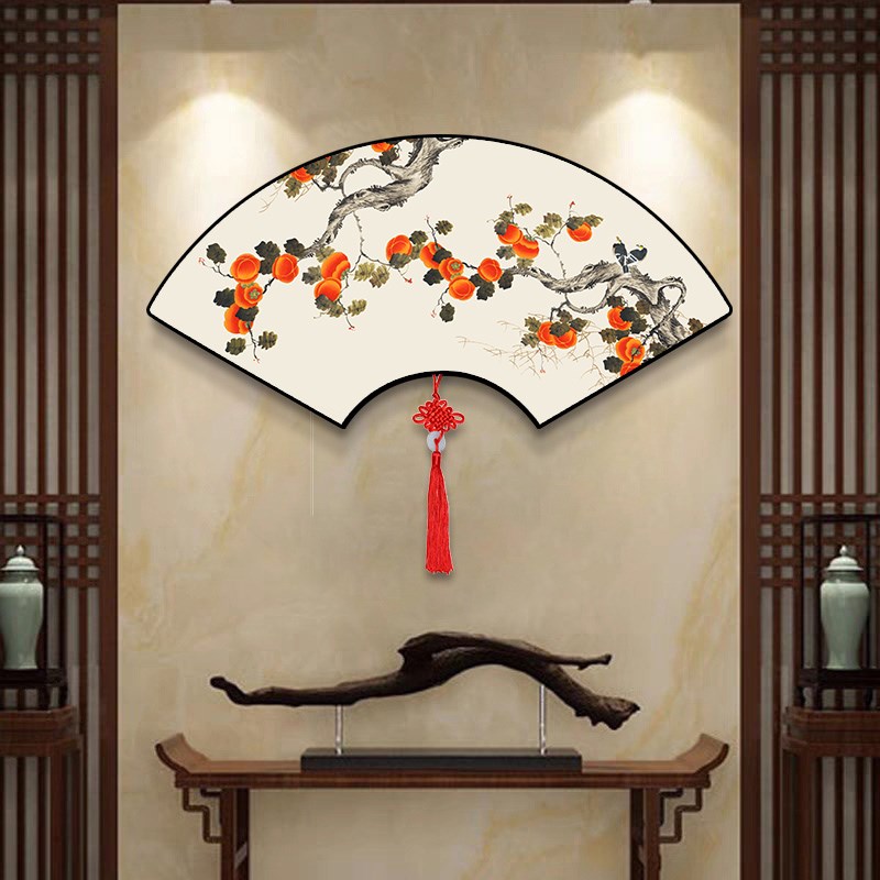 扇形挂画中式餐厅饭店墙面装饰画玄关背景墙柿子图荷花九鱼图壁画图片