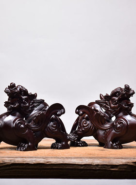 唐趣黑檀木雕貔貅一对家居办公室摆设实木汽车饰品红木工艺品
