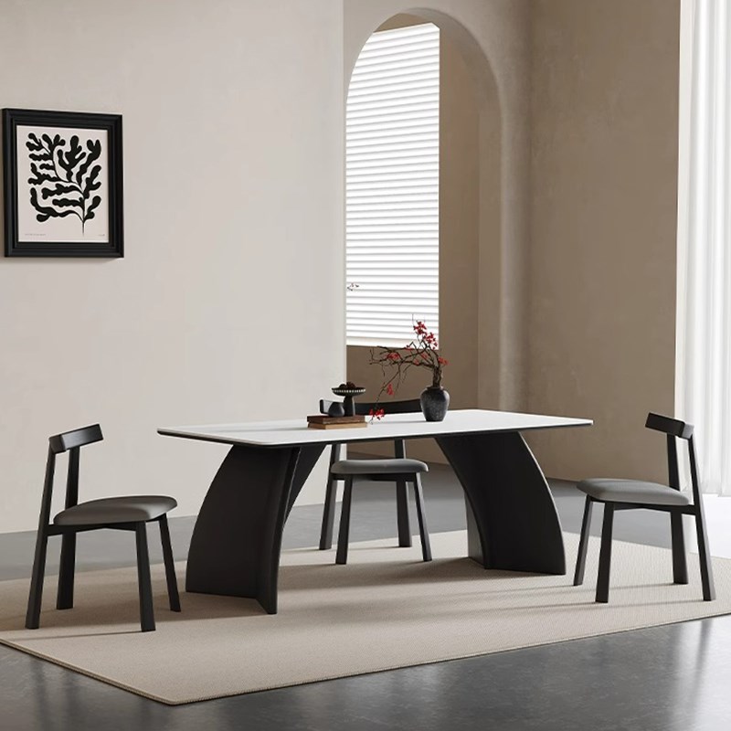 意式中古风实木岩板餐桌家用小户型简约胡桃色白蜡木长方形饭桌