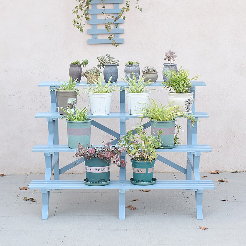 多层阶梯式实木花架复古蓝色四层吊兰防水花盆架加落地式配轮子