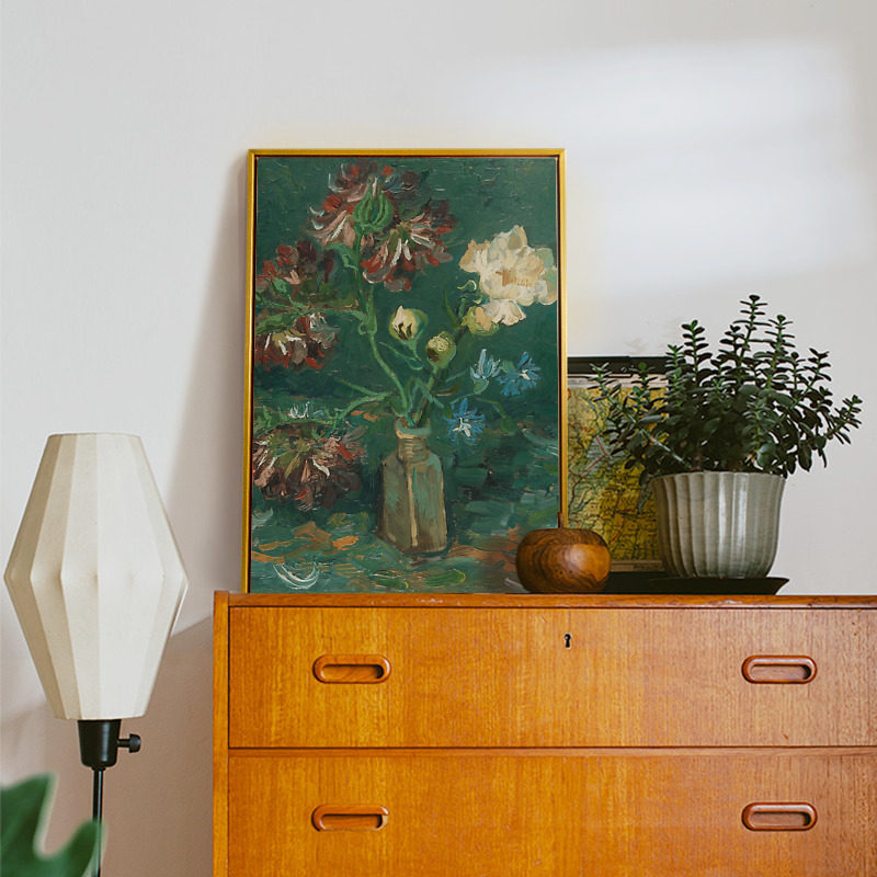 二狗姑娘 梵蓝色翠雀的瓶子 欧式餐桌客厅卉挂画装饰画框