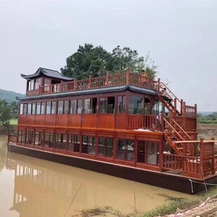 木船画舫船大型水上餐饮船层电动游船仿古实木质房船观光旅游船