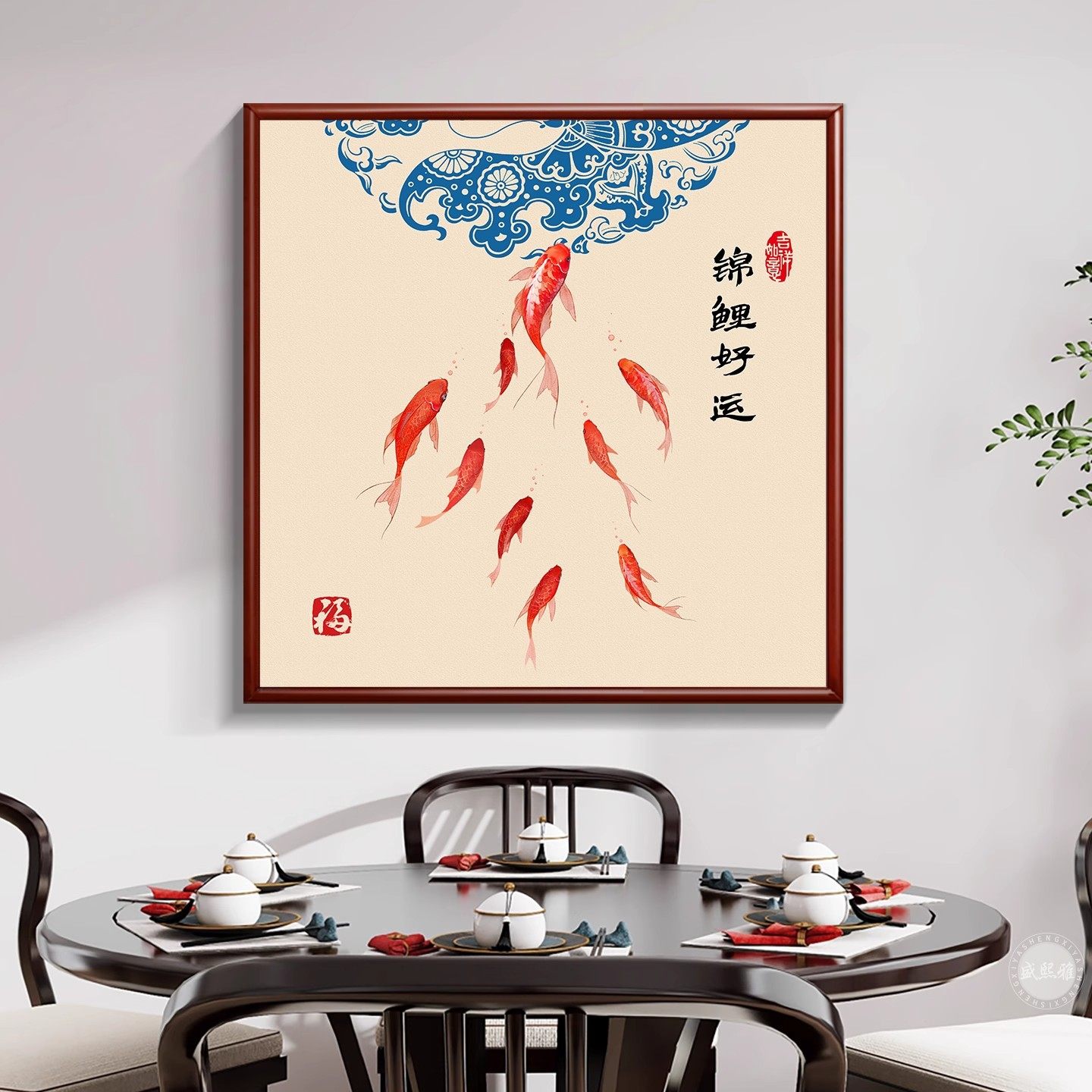 新款锦鲤好运挂画九鱼图餐厅装饰画聚财年年有余入户玄关过道壁画