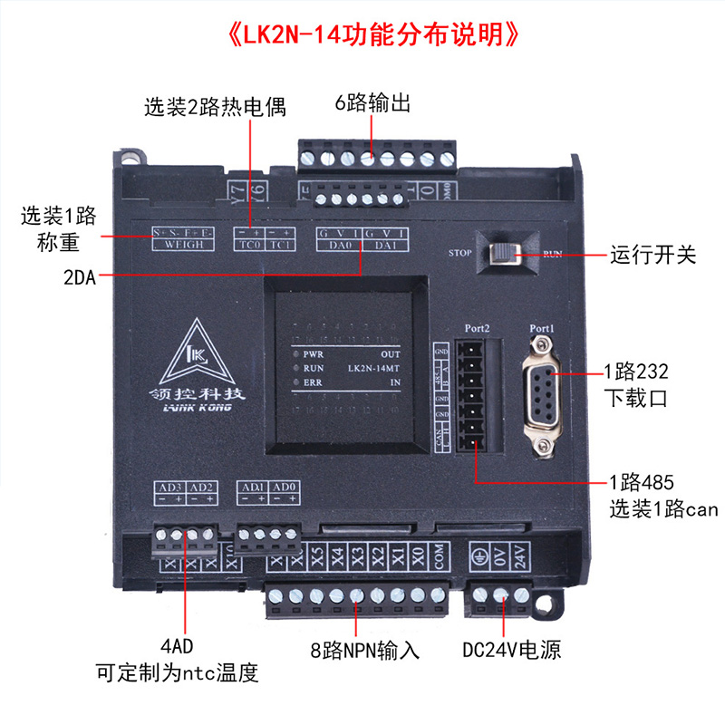 三凌菱FX2N工控板领控LK2N-14 20MR MT4AD2DA带温度脉冲PLC控制器