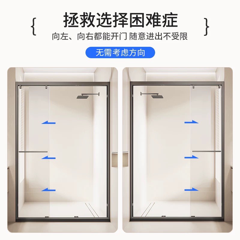 淋浴房卫生间向门三联动浴室玻璃门哑黑一字型全五金
