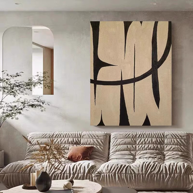 YC手绘油画立体肌理抽象黑白线条客厅装饰画玄关餐厅挂画现代简约图片