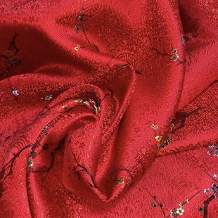 正红色姆米门幅真丝老织锦缎宋锦缎立体浮雕喜上梅梢厚实柔软