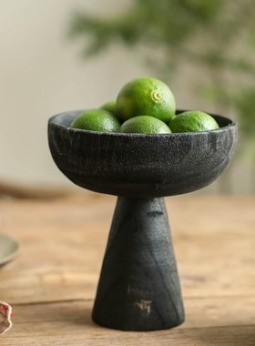 侘寂风黑色高脚小果盘复古做旧实木托盘果篓民宿家用装饰软装