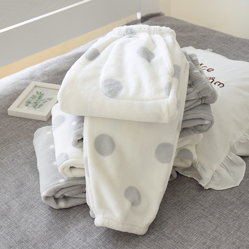 加厚收口法兰绒睡裤女士加绒保暖波点暖暖裤小脚束腿珊瑚绒家居裤