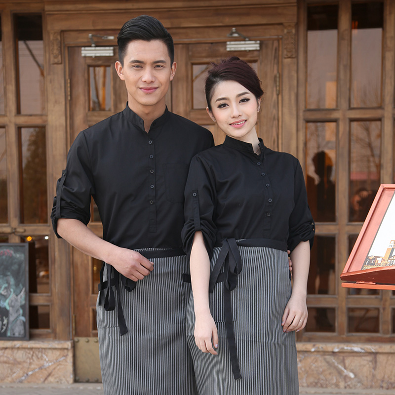 服务员酒店衬衫工作服秋冬长袖咖啡西餐厅制服男女七分袖印字logo
