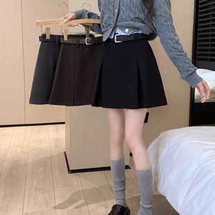 辣妹小个子a字伞裙高腰显瘦西装 灰色毛呢百褶短裙女秋冬款 半身裙