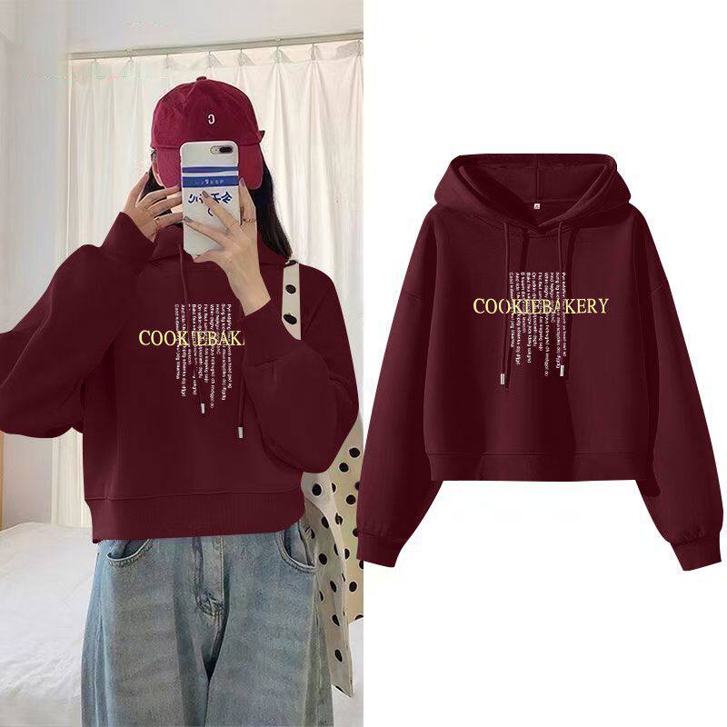 纯棉加绒加厚短款卫衣女秋冬季潮流宽松显瘦ins小个子连帽上衣女