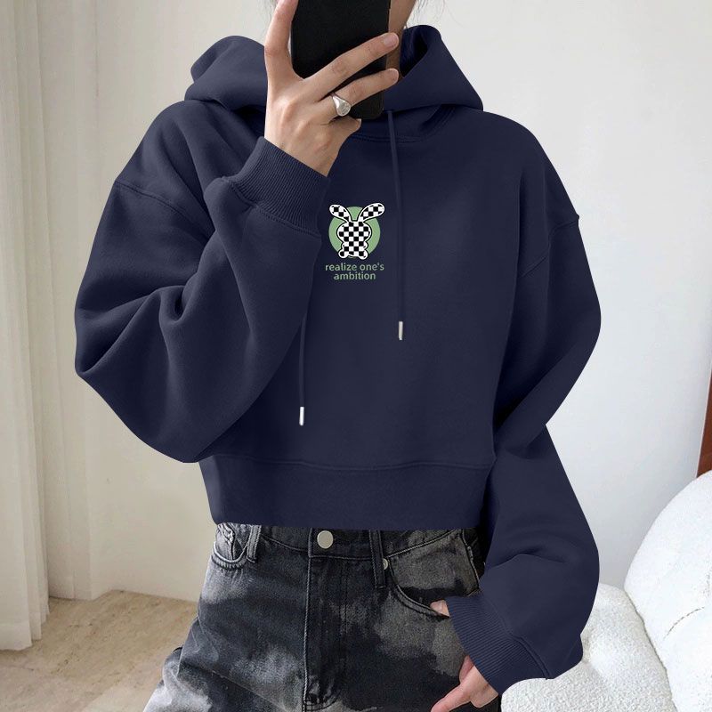 纯棉加绒加厚时尚短款卫衣女