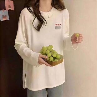 100纯棉内搭长袖T恤女秋冬季潮流百搭洋气开叉中长款打底衫女上衣