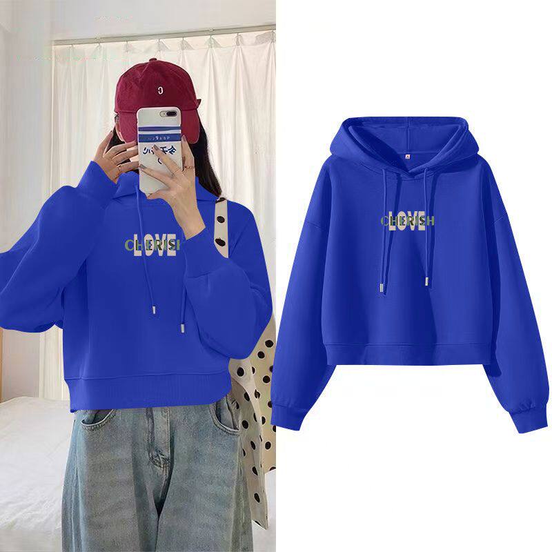 洋气纯棉短款卫衣女秋冬季新款加绒加厚连帽小个子ins保暖上衣女