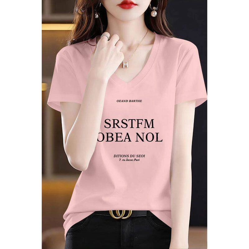 时尚100纯棉短袖t恤女夏季潮流百搭简约印花韩版显瘦体恤女士上衣