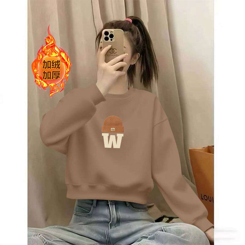 纯棉加绒加厚新款卫衣女秋冬季洋气百搭休闲短款小个子显瘦上衣女