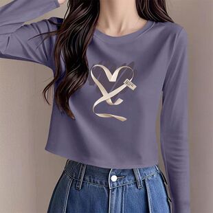 100纯棉长袖打底衫t恤女春秋季时尚爆款百搭印花通勤短款女装上衣