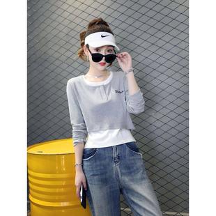 春秋季时尚短款假两件T恤女韩版休闲百搭洋气设计感不规则上衣女