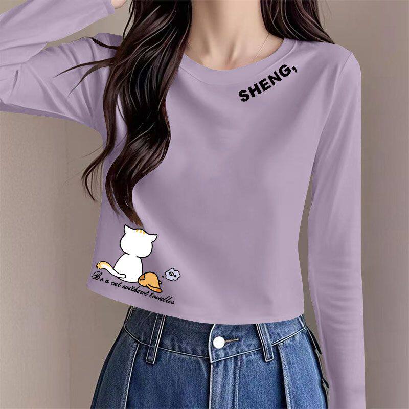 春秋爆款圆领纯棉长袖t恤女时尚休闲通勤短款小个子打底衫上衣女