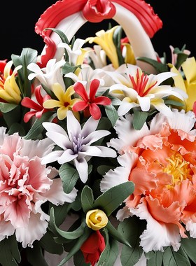 《花开富贵》陶瓷非遗手工花篮会所酒店客厅玄关装饰乔迁摆件