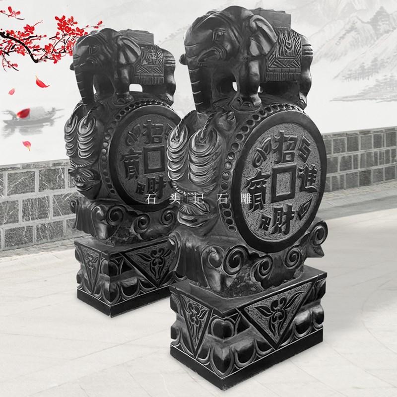 石雕门墩抱鼓石一对天然青石小象石鼓貔貅狮子大石雕庭院门口摆件