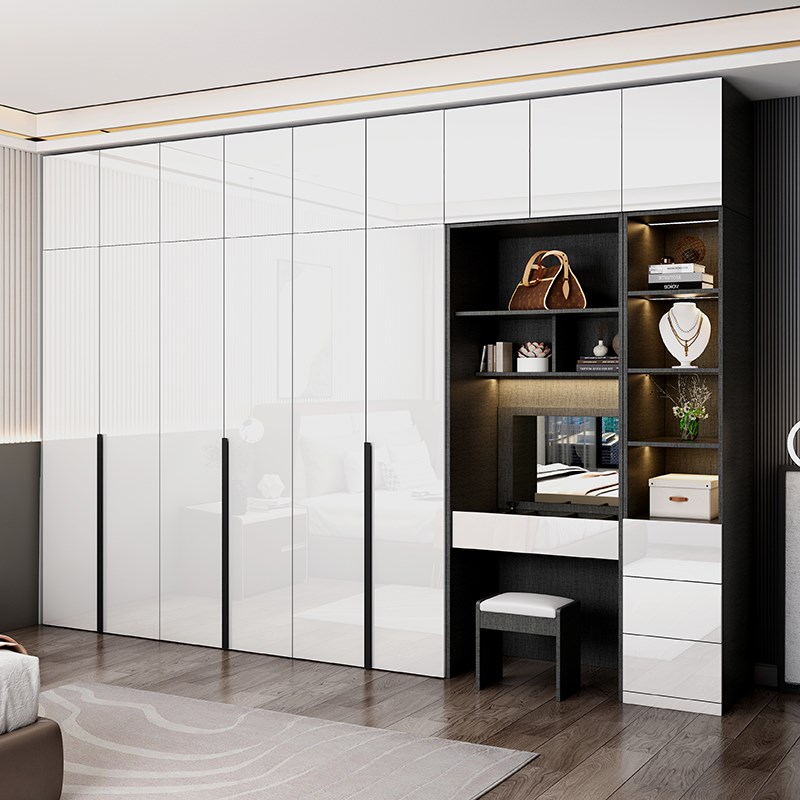 意式极简衣柜家用卧室UV白色亮光烤漆柜门带妆台顶柜整体衣厨