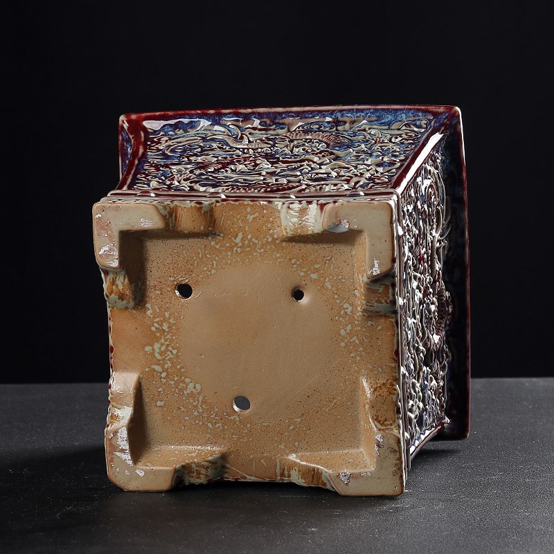 钧瓷青花釉里红四方浮雕龙游四海花盆陶瓷大造景盆景盆20*20*15cm